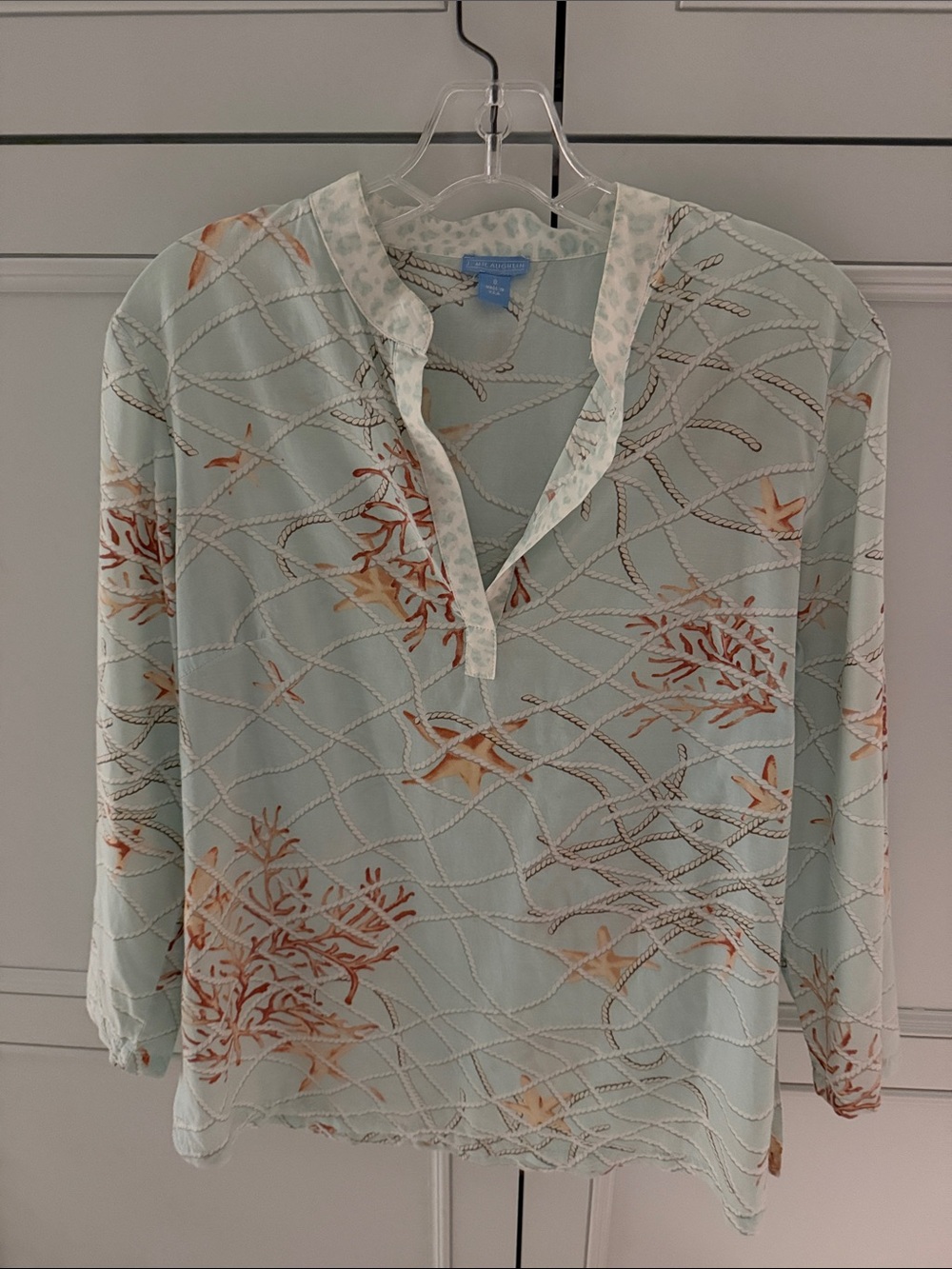 J. McLaughlin Sea-Print Light Aqua Blouse with Coral Accents